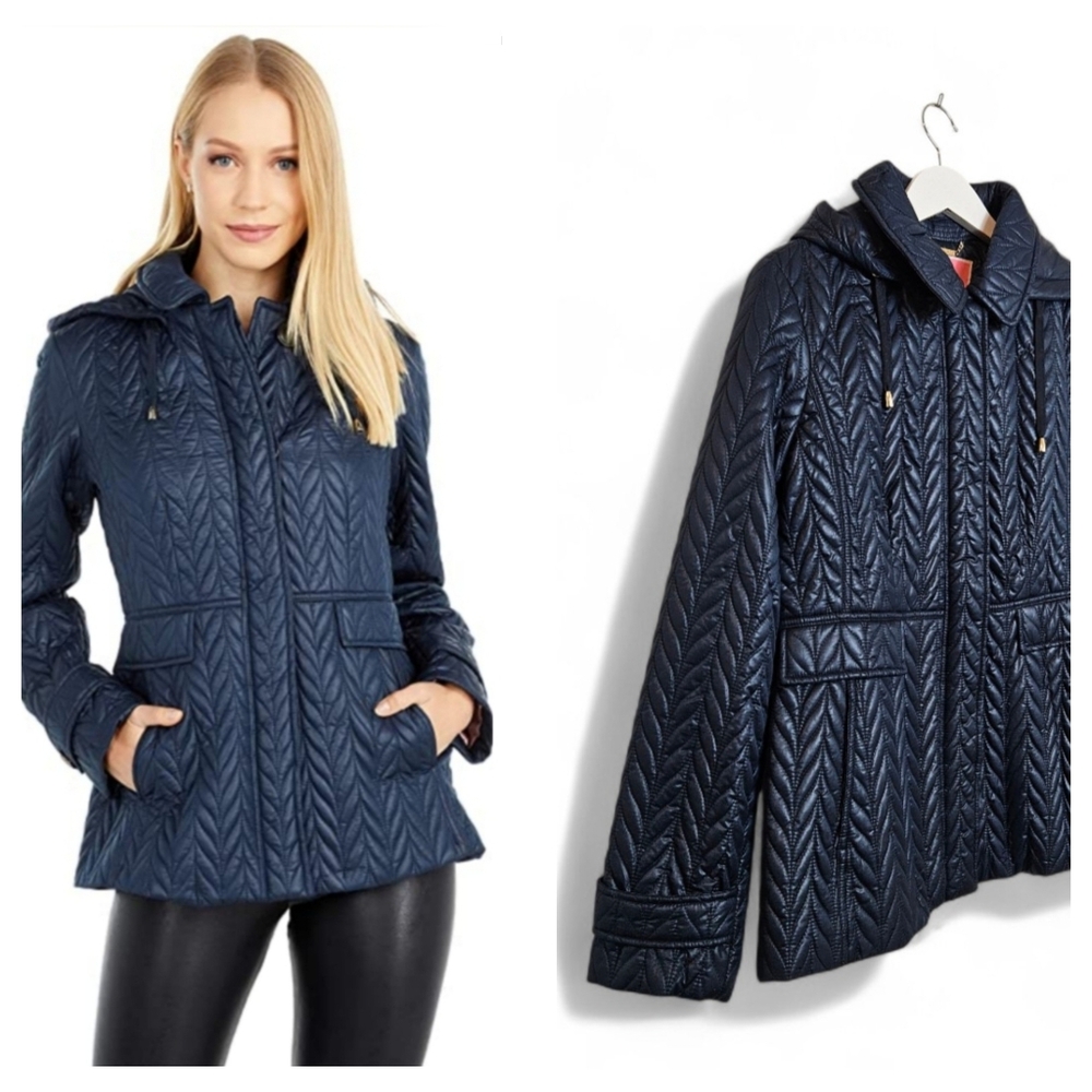 NWT Kate Spade New York Coat S Quilted Removable Hood Lightweight Jacket Navy Bl